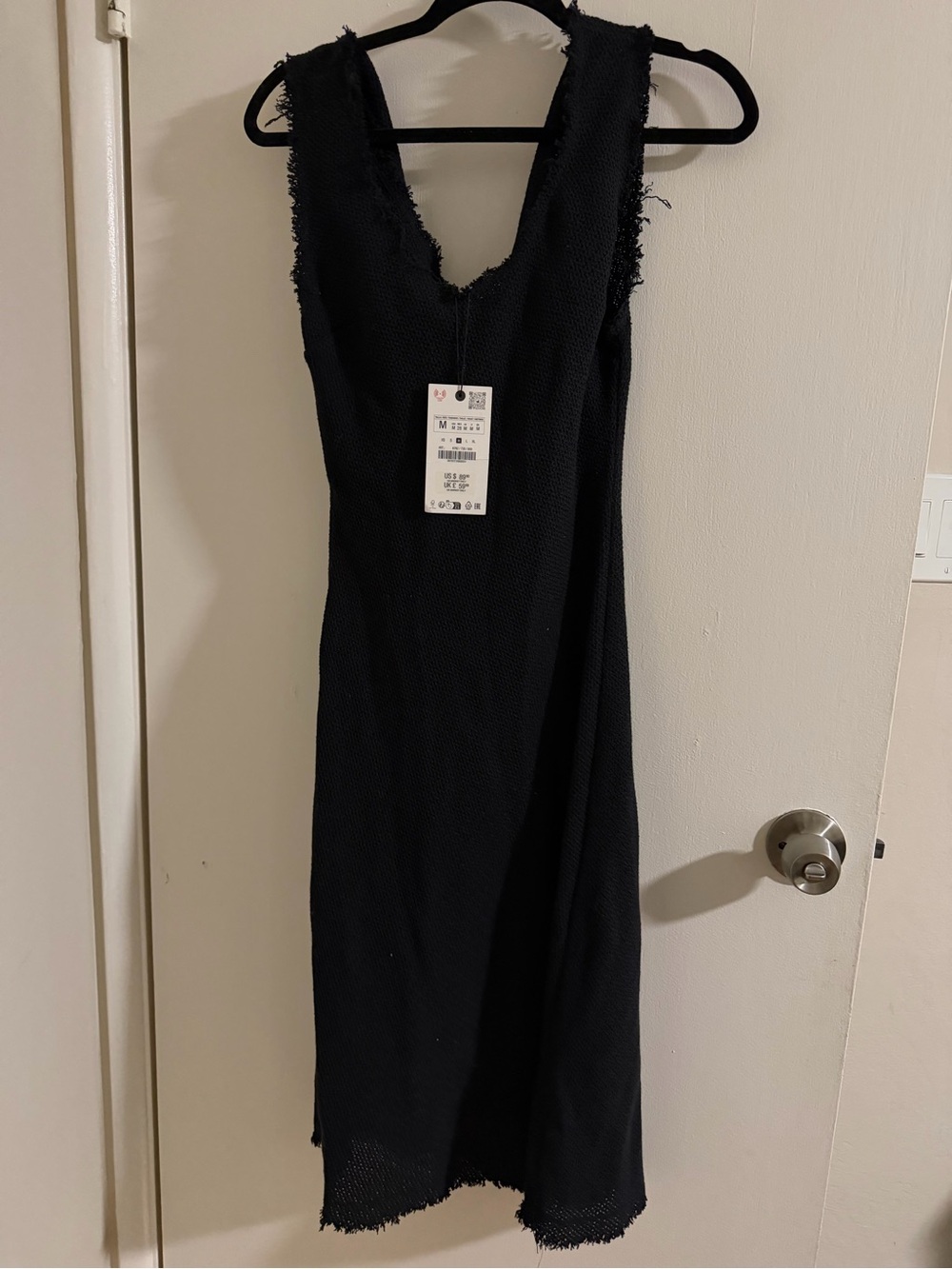 Zara Black Sleeveless Midi Dress with Frayed Trim